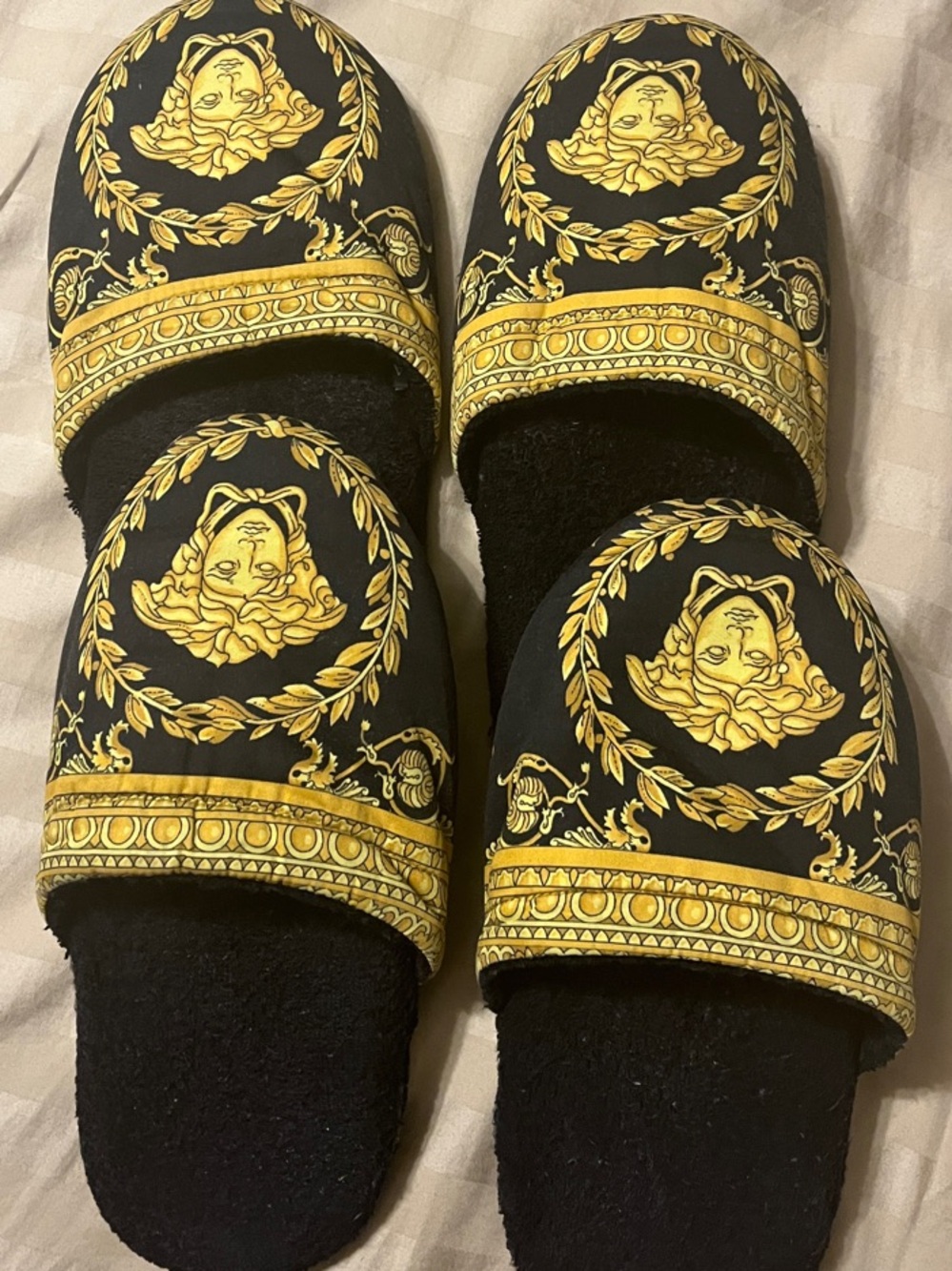 His and Hers Versace Black and Gold Barocco Slippers Small&Medium